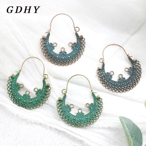 GDHY Boho Bronze Brass Hollow Pattern Earrings Semicircle U shape Drop Earrings For Women Retro Pendant Earrings Jewelry Brincos