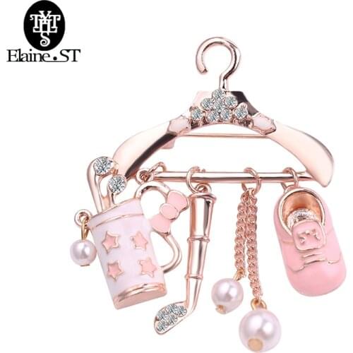 Mini Coat Hanger Shining Crystal Pearl Brooch For Women Enamel Brooch Pins Fashion Jewelry Bijouterie Jackets Badges Pendants