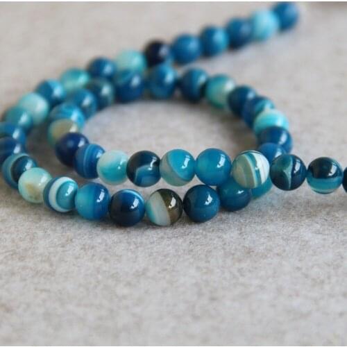 8mm Fashion Blue Natural Onyx Beads Round Shape Stripe DIY Natural Stone Accessory Parts 15inch Jewelry Making Design Wholesale