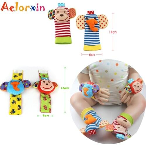 Newborn Sozzy Soft Cotton Baby Boy Girl Toys Infant Animal Monkey Elephant Handbell Wrist Strap Rattles Socks Foot Plush Toys