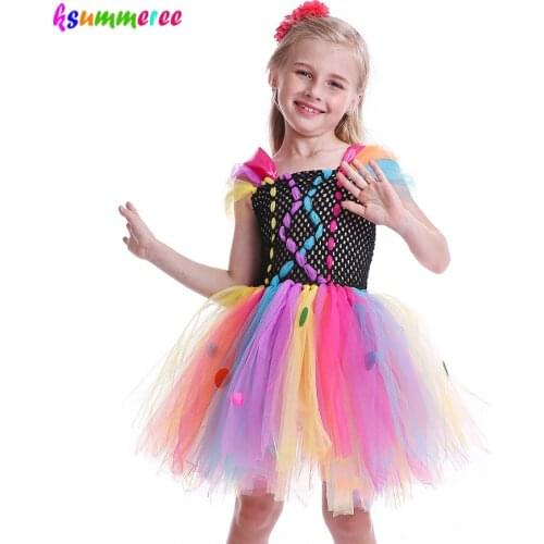 Girls Rainbow Fancy Clown Tutu Dress Kids Princess Handmade Pattern Baby in disguise Multi Colored Tulle Costume Halloween TUTU