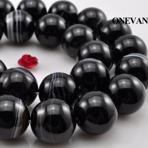 ONEVAN Natural Stripe Onyx Black Agate Beads Smooth Round Stone Bracelet Necklace Jewelry Making Diy Accessories Gift Design