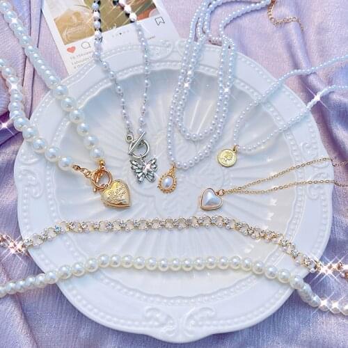 17KM Elegant Pearl Necklace For Women Heart Pendant Necklace Fashion Multilayer White Pearl Choker Necklaces Wedding Jewelry