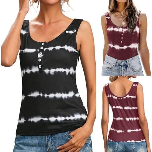 Hot kf-Summer Boho Tie Dye Tank Tops WomenS Casual T-Shirts Sleeveless Stripe Print Buttons Top Femme