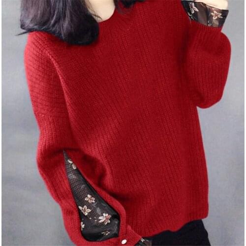 2021 Patchwork Fake Two Woman Sweaters Winter Clothes Loose Knitted Pullovers Sueter Mujer O-neck Long Sleeve Jumper Coat