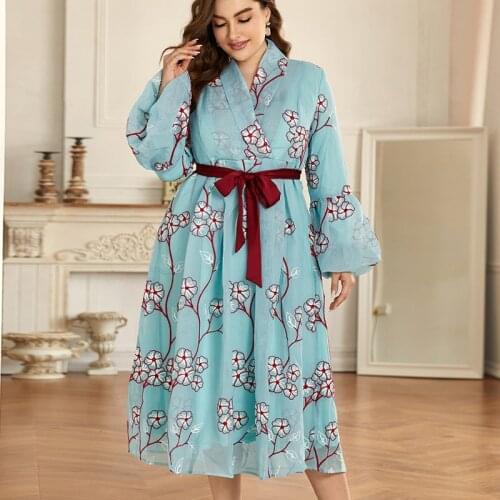 Summer Autumn Dress Women V Neck Embroidery Dresses Sashes Long Sleeve Plus Size Evening Dress Ball Gown