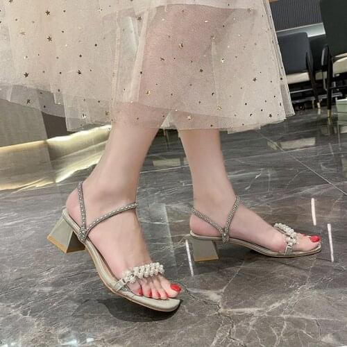 Female Shoes Slippers Casual Slides Med String Bead Square heel 2021 Luxury Summer Soft Block Rubber Hoof Heels Fashion PU