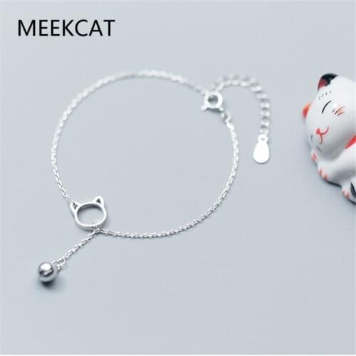 MEEKCAT Genuine 100% 925 Sterling Silver Minimalist Cute Cat Bell Chain Charm Bracelets for Women Girls Fine Animal Jewelry Gift