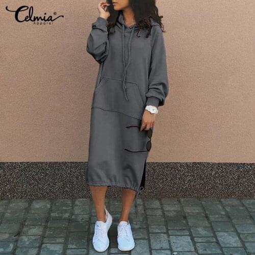 Celmia Women 2021 Winter Hooded Dress Fashion Long Sleeve Sweatshirt Dresses Solid Drawstring Pullover Fleece Warm Dress Femme 7