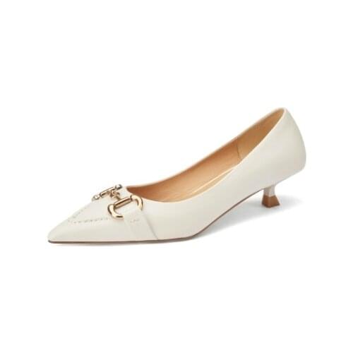 Women Shoes On Heels Off White Leather Pumps Shoes With Kitten Heels Slip-On Dress Shoes Office Daily Footwear Size 34-43