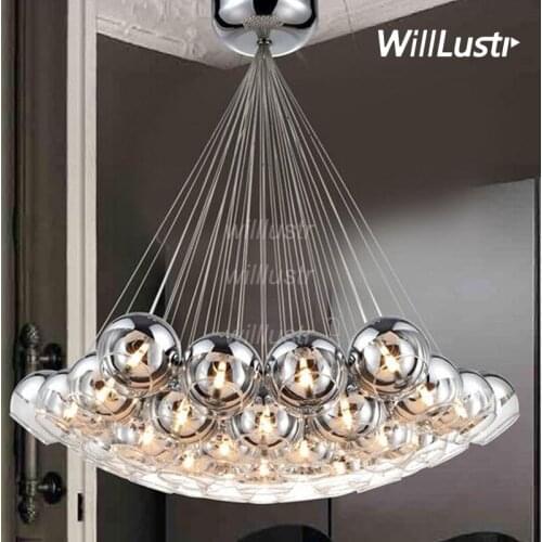 Willlustr modern LED crystal ball lamps glass pendant light cluster hanging staircase lighting semi sliver glass multi-head lamp