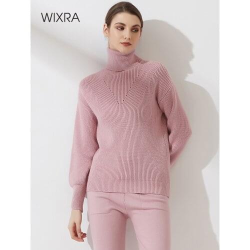 Wixra Women Knitted Loose Turtleneck Hollow Sweater 2021 Autumn Winter New Hot Pockets Pullover Female Basic Top Clothing