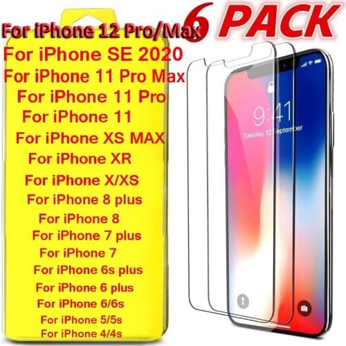 6 Pcs/pack Tempered Glass Screen Protector for Iphone X XS 11 Pro Max XR 6 7 8 Plus IPhone SE 2020 Protective Front Film