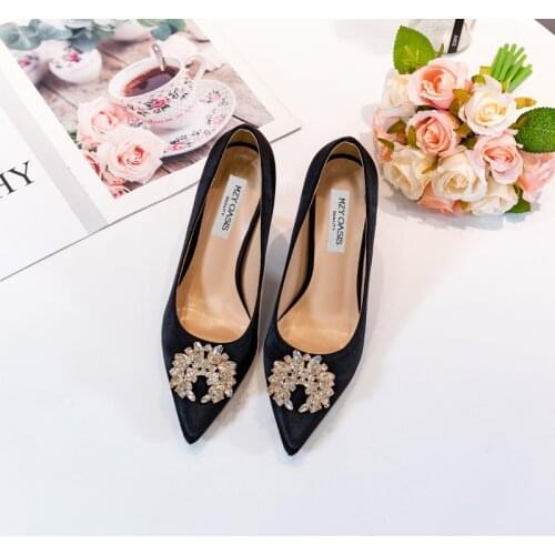 New Spring/Autumn Mature Womens Heels Bling Diamond-Bordered Flock Ladies Shoes Genuine Leather Slip-on Shallow Thin Heels