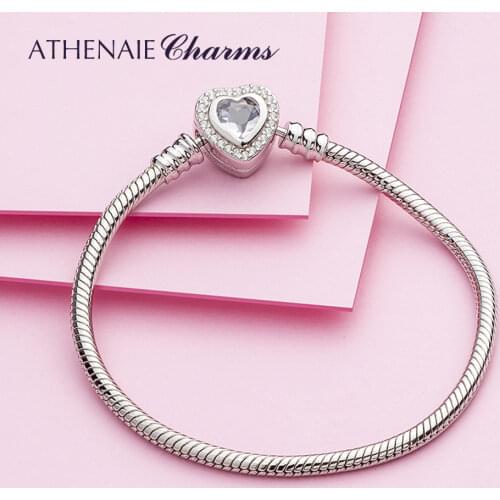 ATHENAIE Authentic 100% 925 Sterling Silver Snake Chain Bangle & Bracelet with CZ Love Heart Clasp Charms Bracelets for Women