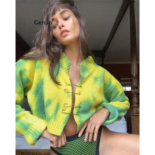 Autumn New Women Tie Dye Sweaters Vintage Yellow Green Pullovers Jumper Fashion Sweatershirt Brooch Casual Cardigan Sweater