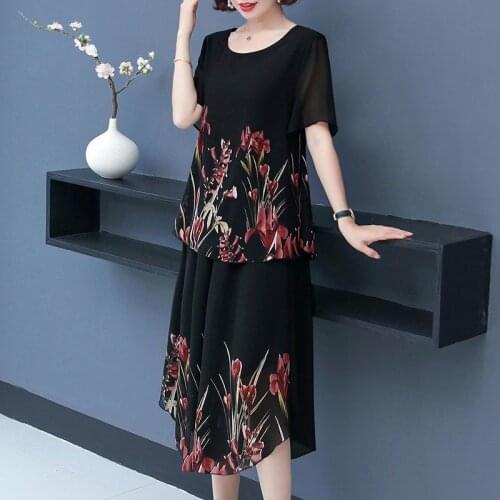 2021 New Mother Summer Suit Ladies Large Size Chiffon T-Shirt and Pants Female Casual Loose Printing Suit Two-Piece Set L518