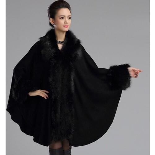 Womens Wool Scarf Shawl Cape Coat with Luxury Faux Fur Collar large size knit cardigan shawl