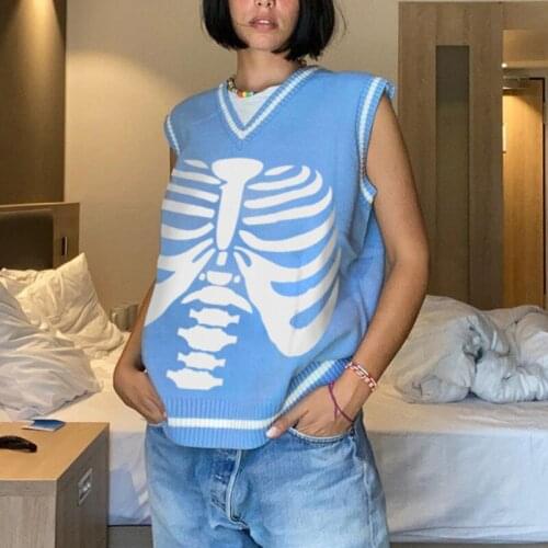 Harajuku Knitted Skull Print Women Sweater Vest Autumn 2021 Y2K Retro V Neck Loose Streetwear Casual Gothic Fashion Sweater Top