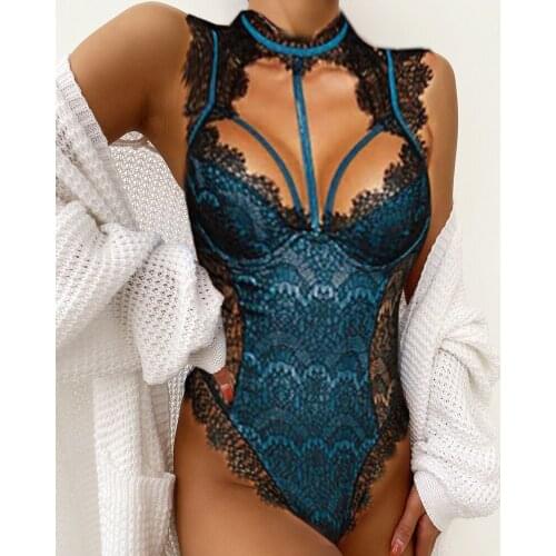 2021 Summer Women Fashion Elegant Alluring Lace Mesh Padded Lingerie Bodysuit Low Cut Romantic