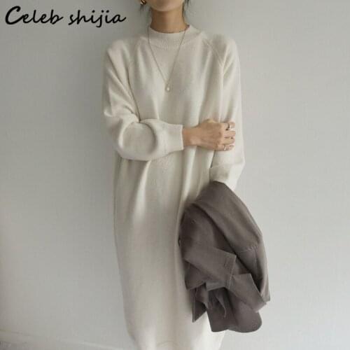 Beige Loose Wool Maxi Dress Woman Autumn 2021 O-Neck Elegant Knitted Bodycon Dress Female Korean Long Sweater Winter Clothing