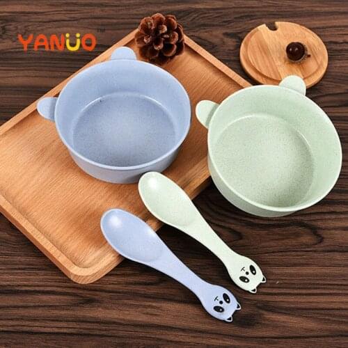 1pcs Natural Wheat Bowl Baby Tableware Cute Blue Pink Red Panda Bowl Chopsticks For Babies over 6 Months Girls Boys,Wholesale