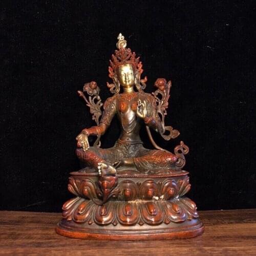 8" Tibet Buddhism Old Bronze Gilt Real gold silver Bodhisattva Tara(Green) Sitting Buddha Green Dora View Enshrine the Buddha