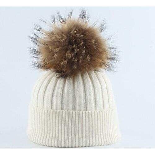 Kid Hat Winter Boy Girl Real Raccoon Fur Pompom Beanie Warm Autumn Brim Outdoor Skiing Accessory For Baby