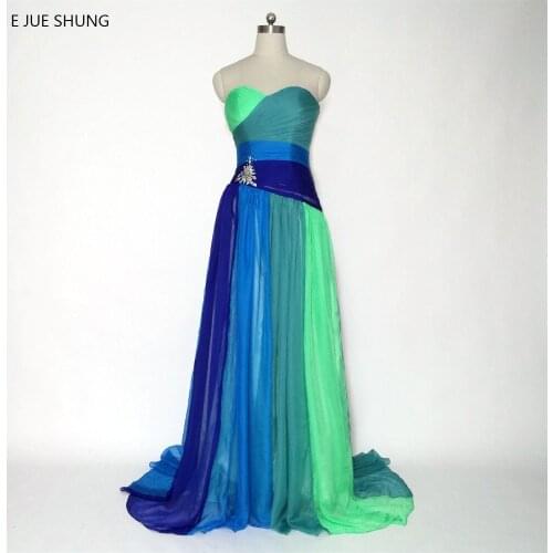 E JUE SHUNG Colorful Chiffon Cheap Long Evening Dresses Multi Color Crystal Pleat Lace Up Sweetheart Prom Dresses