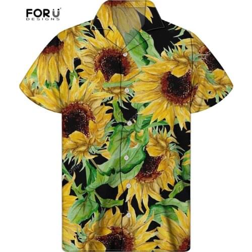FORUDESIGNS Yellow Sunflower Floral Pattern Male Loose Blouses Hawaii Style Clothing Mens Camisa Slim Fit Party Shirts Tops