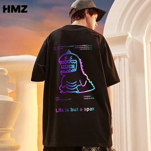 HMZ Reflective Cartoon Dinosaur 100% Cotton Couple Clothing Kawaii Oversized T Shirt 2021 Man Fashion Clothing Mens T Shirts