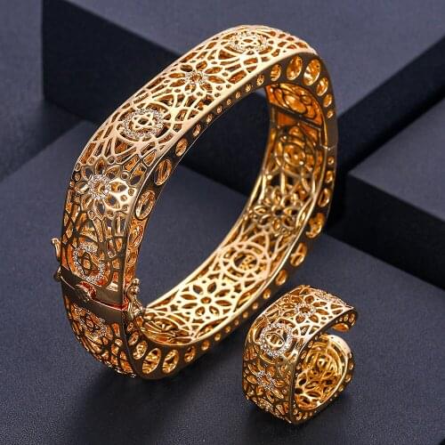 Janekelly luxury Unique African Bangle Ring Set Jewelry Sets For Women Wedding Cubic Zircon Crystal CZ Dubai Bridal Jewelry Set