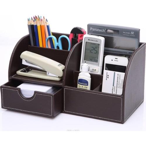 Orange 7 Storage Compartments Multifunctional PU Leather Office Desktop Organizer, Stationery Storage Box Collection Pen Holder
