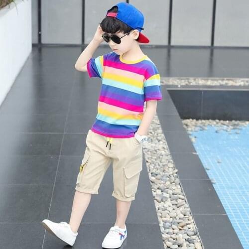 Boy Suit Childrens Short-sleeved Striped Two-piece Korean Style Handsome Trend KIDS Cloth