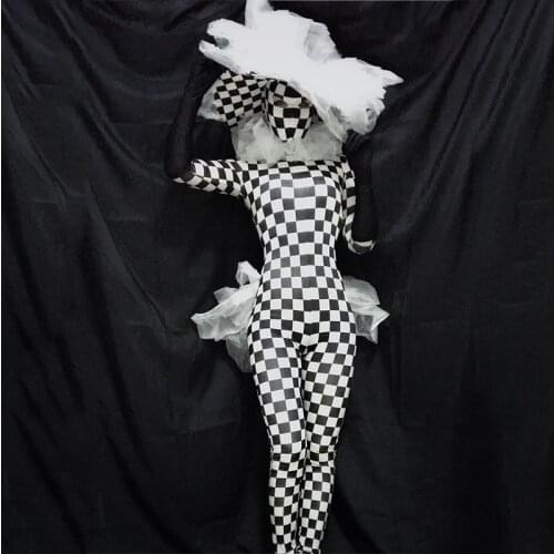 Clown Black And White Grid Jumpsuit Stage Costume Women Nightclub Singer Rave Clothes Halloween Party Festival Outfit DT1995