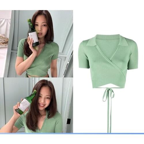 Kpop Korean Celebrity Summer New Sexy Knitted Lace-Up T Shirts Women Thin Cardigan Fashion Tee Shirts Female Short Sleeve Tops