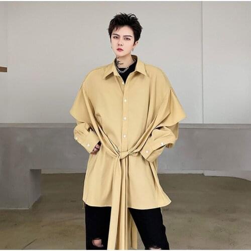 2021 Spring Summer Men Fashion Bandage Yellow Long Sleeve Shirt Man Harajuku Vintage Casual Side Slit Dance Shirts Camisas