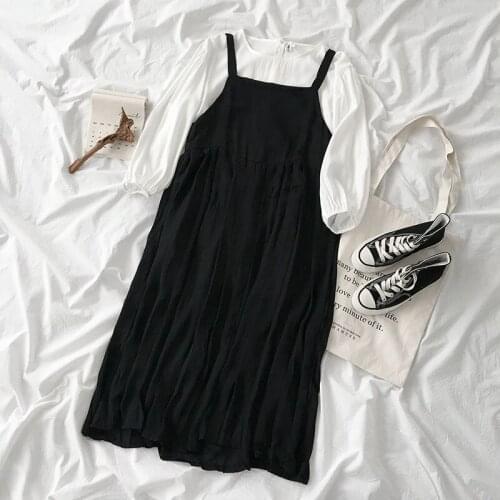 New Women Sweet Chiffon long Sleeve Shirt Blouse + Preppy Style High Waist Strap Braces Suspender Dress Vestidos