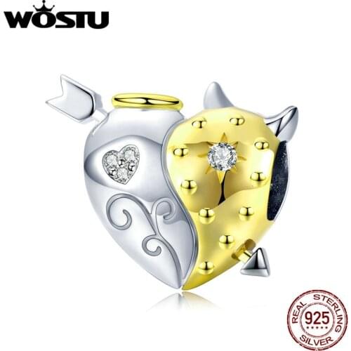 WOSTU Real 925 Sterling Silver Angel & Devil Beads Heart Gold Charms Pendant Fit Original Bracelet Bangles Jewelry Making DAC107