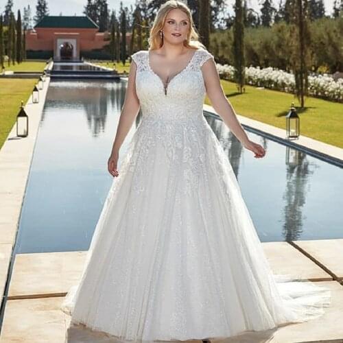 Plus Size Wedding Dress 2021 A-Line V-Neck Cap Sleeve Lace Appliques Sequins Backless Sweep Train Bride Gown Vestidos De Noiva