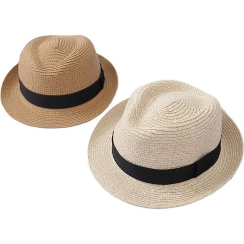 Father-son summer straw hats british style jazz outing Beachwear Sunshade Rbbon Panama Causal Man Glacier Bucket Hat