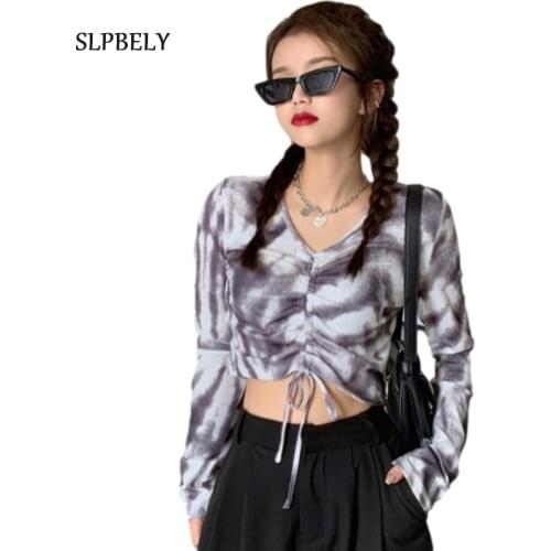 SLPBELY Women Tie Dye Long Sleeve Drawstring Bottom T Shirt 2021 New Sexy V Neck Slim Tight Top Skinny Tee Shirt Spring Autumn