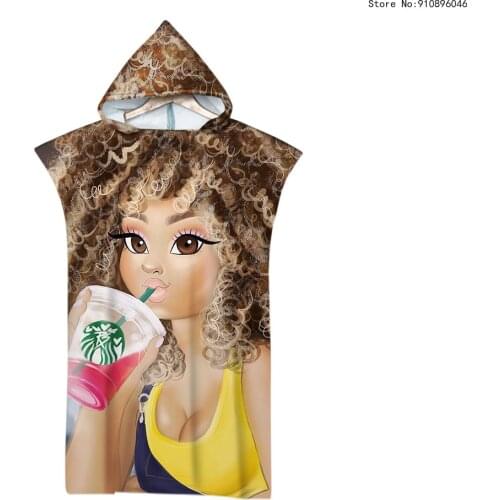 African Woman Sexy Hot Girl Beach Towel Hiphop DJ Girl Cape Hooded Bath Towel Poncho Quick Dry Bathrobe Beachwear Girls Towels