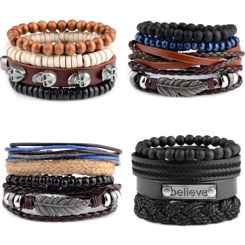 Vintage Wooden Beads Retro Multilayer Leather Bracelet Male Fashion bangles Braided Handmade Rope Wrap Bracelets for Men