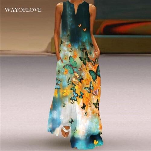 WAYOFLOVE Fashion Butterfly Printed Girl Beach Dress 2021 Casual Plus Size Long Dresses Summer Woman Sleeveless Maxi Dress Women