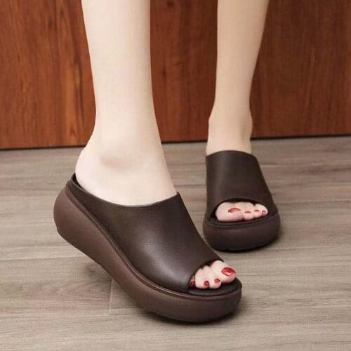 New Ethnic Style Womens Slippers Summer Out Wear Wedge with Fish Mouth Womens Flip-flops Platform Retro