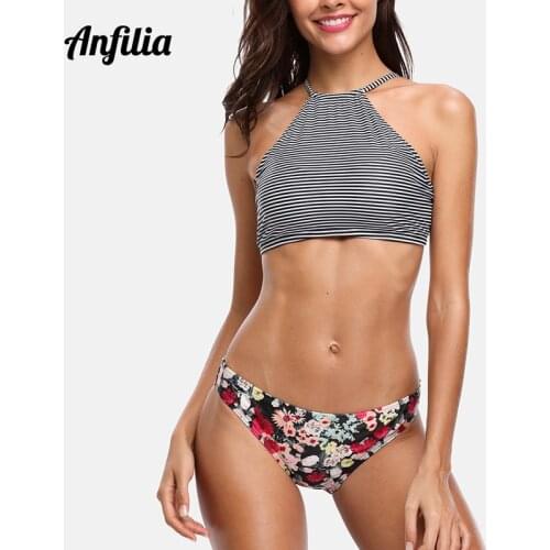 Anfilia Women Striped Bikini Set High Neck Swimsuit Vintage Floral Swimwear Strappy Bathing Suit Padded Beachwear