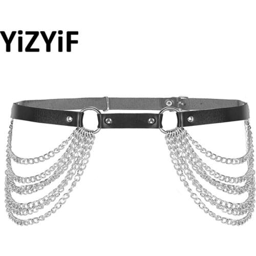 Punk Gothic Harness Waist Belt Adjustable Faux Leather Garters Straps Women Metal Chain Tassel Cincher Belts Fashion Accessories
