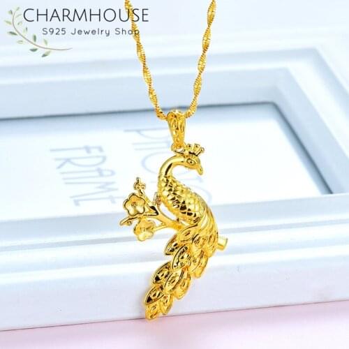 24K Real Gold Filled Necklaces For Women Peacock Pendant & Necklace Waterwave Chain Collier Femme Choker Retro Statement Jewelry