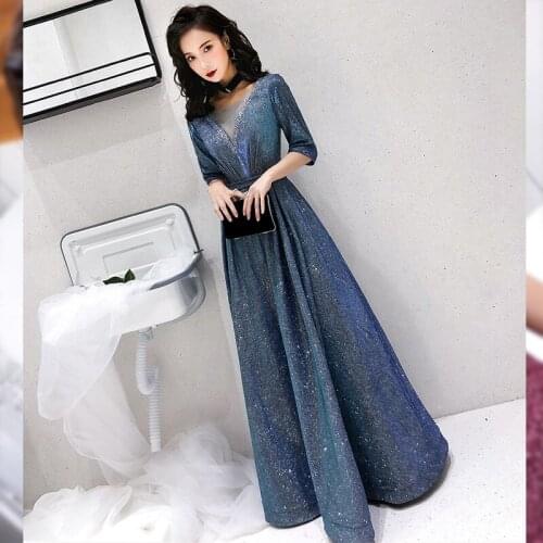 Elegant Sequined Half Sleeves V-Neck A-Line Evening Dresses Floor-Length Blue Criss-Cross Straps Glamorous Party Wear Gown Women